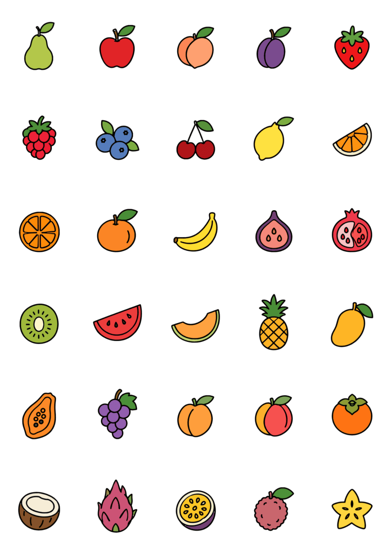 Colored example of the fruit tiny tattoo sheet, with 30 motifs in six rows and a palette of red, orange, yellow, purple.