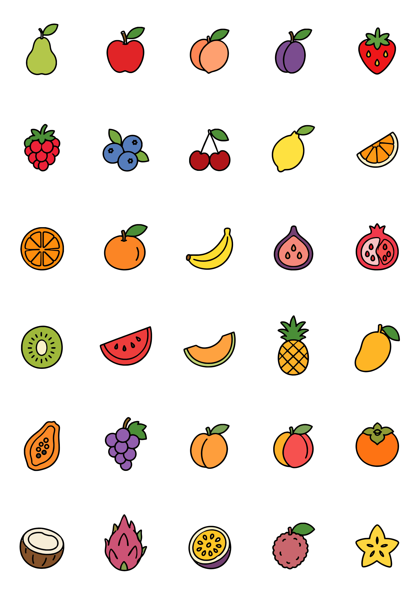 Colored example of the fruit tiny tattoo sheet, with 30 motifs in six rows and a palette of red, orange, yellow, purple.
