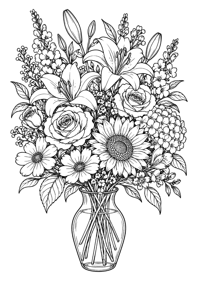 Black-and-white coloring page of a glass vase filled with roses, daisies, sunflowers and other garden flowers.