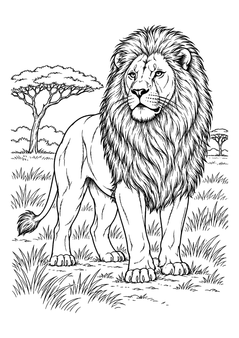 Black-and-white coloring page of a standing male lion with a full mane among grasses and acacia trees on the savanna.
