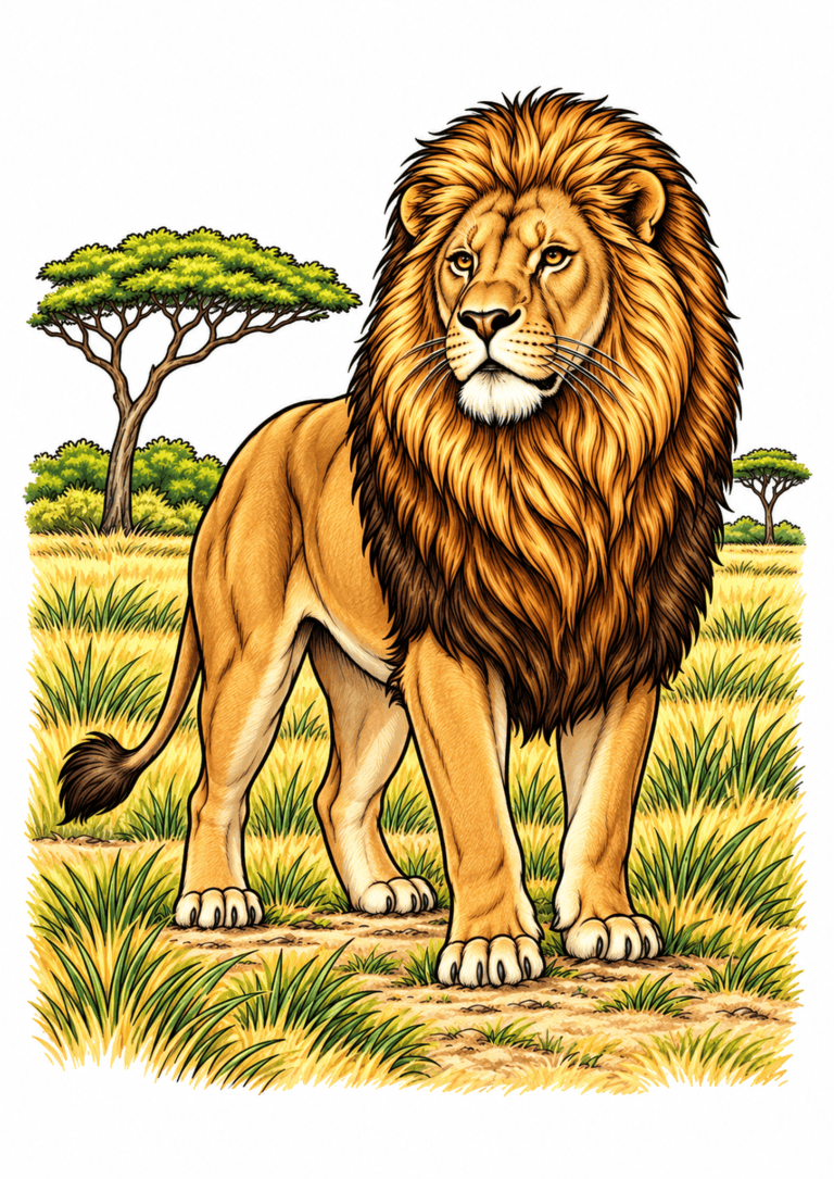 Male lion with a golden mane standing in savanna grass beside acacia trees.