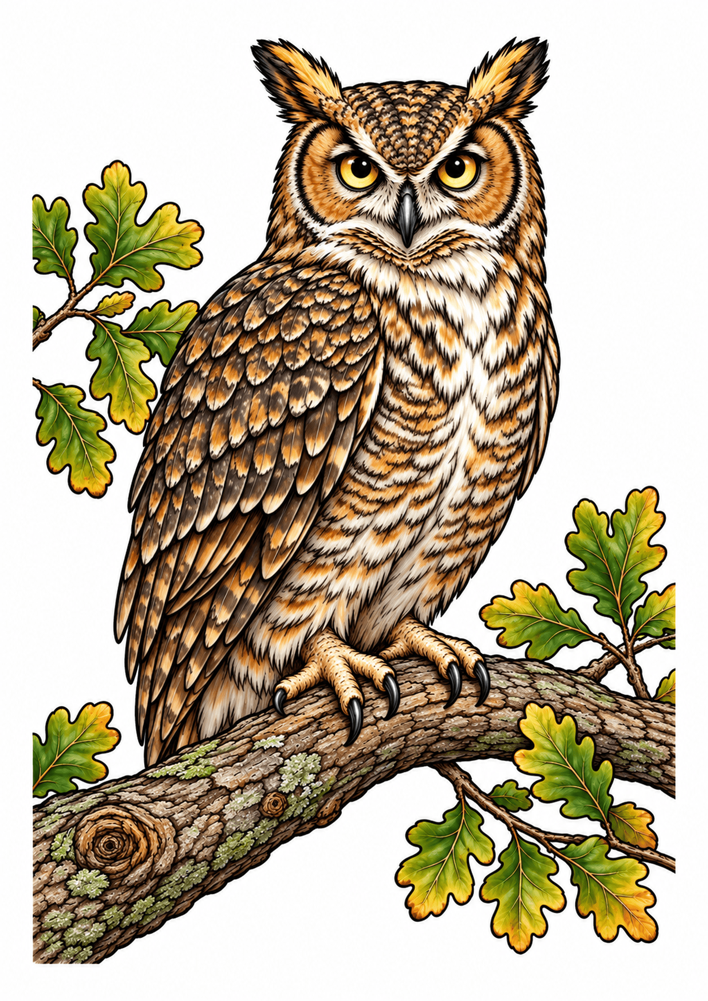 Brown owl with bright yellow eyes perched on an oak branch surrounded by green leaves.