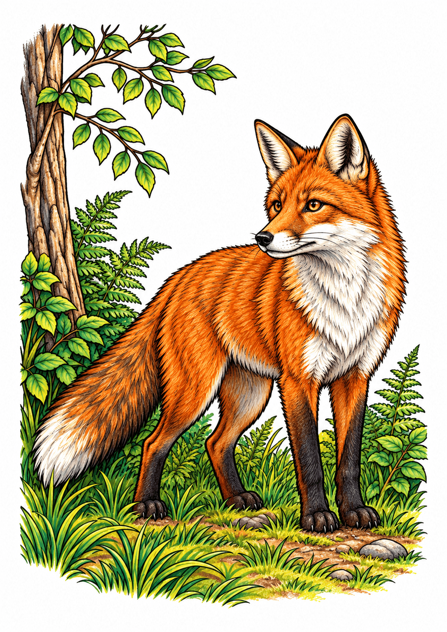 Red fox with a white chest standing at the edge of a leafy forest.