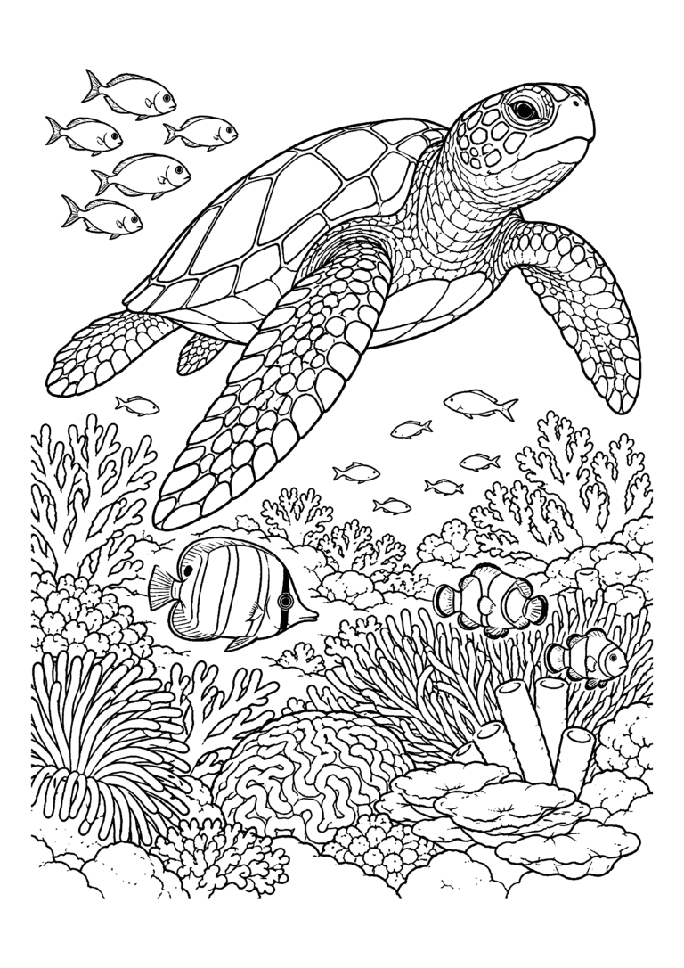 Black-and-white coloring page featuring a sea turtle swimming over coral and underwater plants.