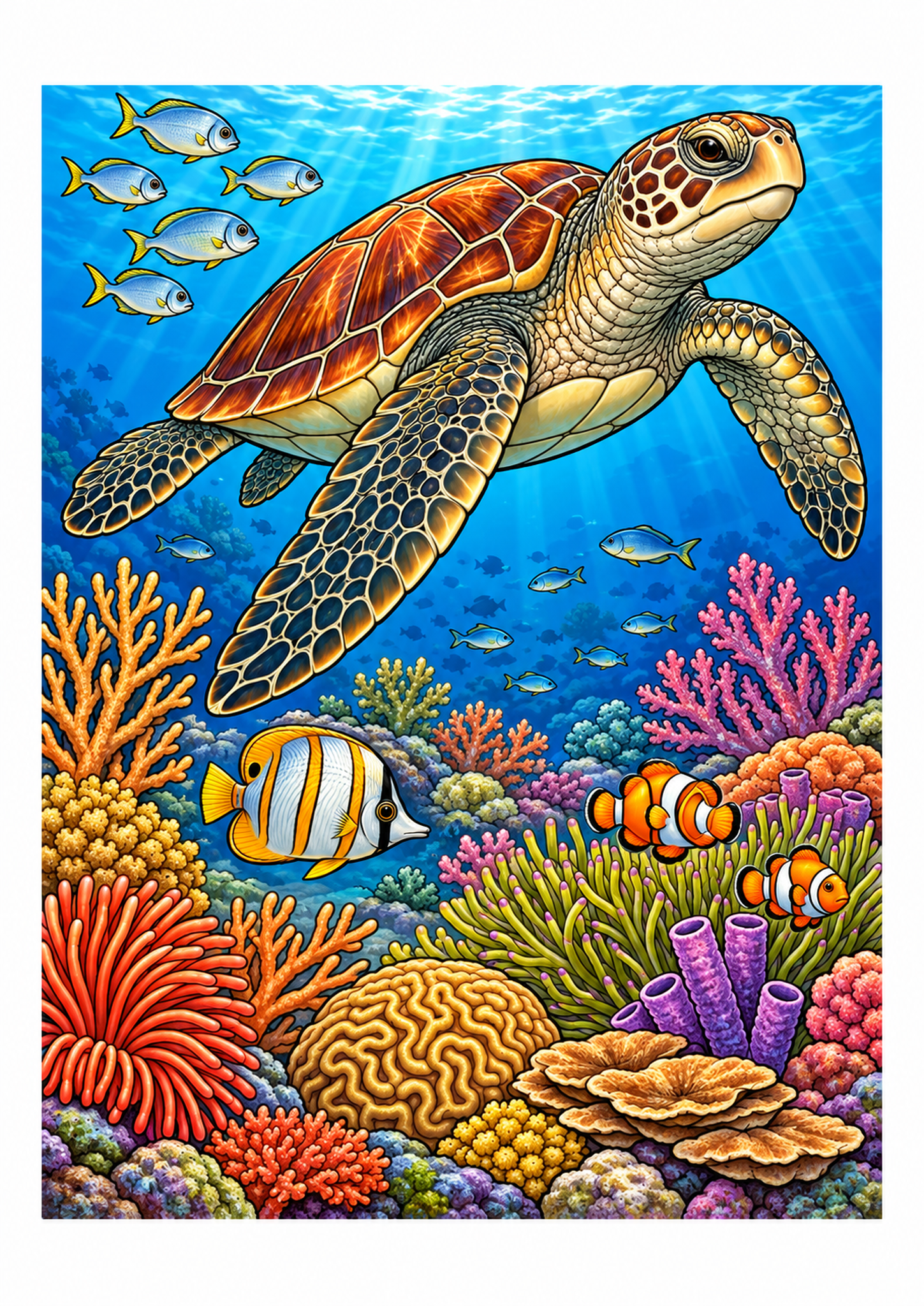 Sea turtle swimming above a colorful coral reef with tropical fish in blue water.
