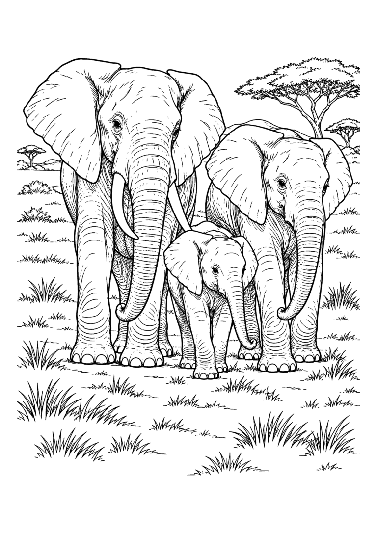 Black-and-white coloring page of three elephants, including a young calf, standing in savanna grassland.