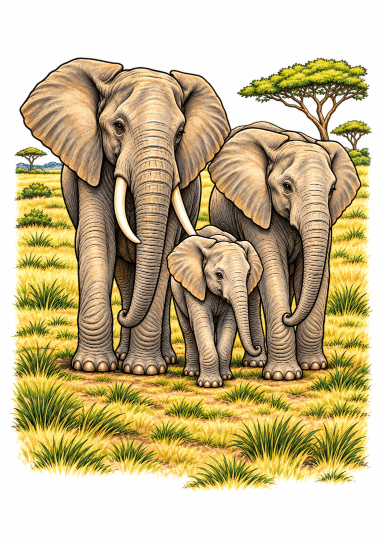 Three elephants, including a calf, standing together in golden savanna grass.