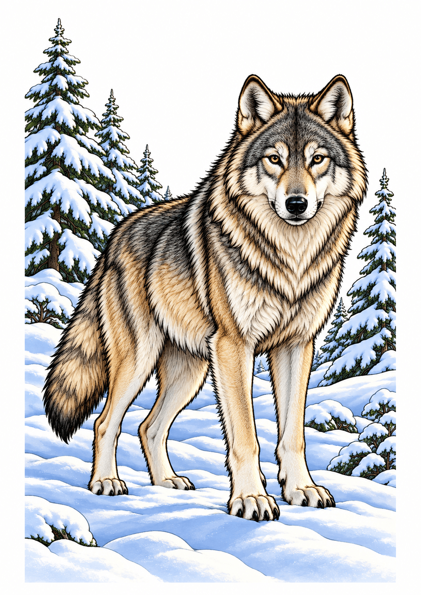 Gray and tan wolf standing in a snowy conifer forest.