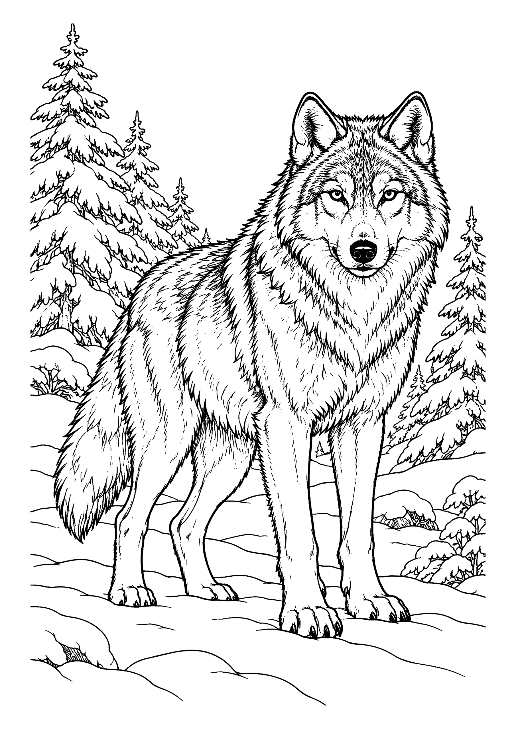 Black-and-white coloring page featuring a wolf among snowy trees and winter branches.