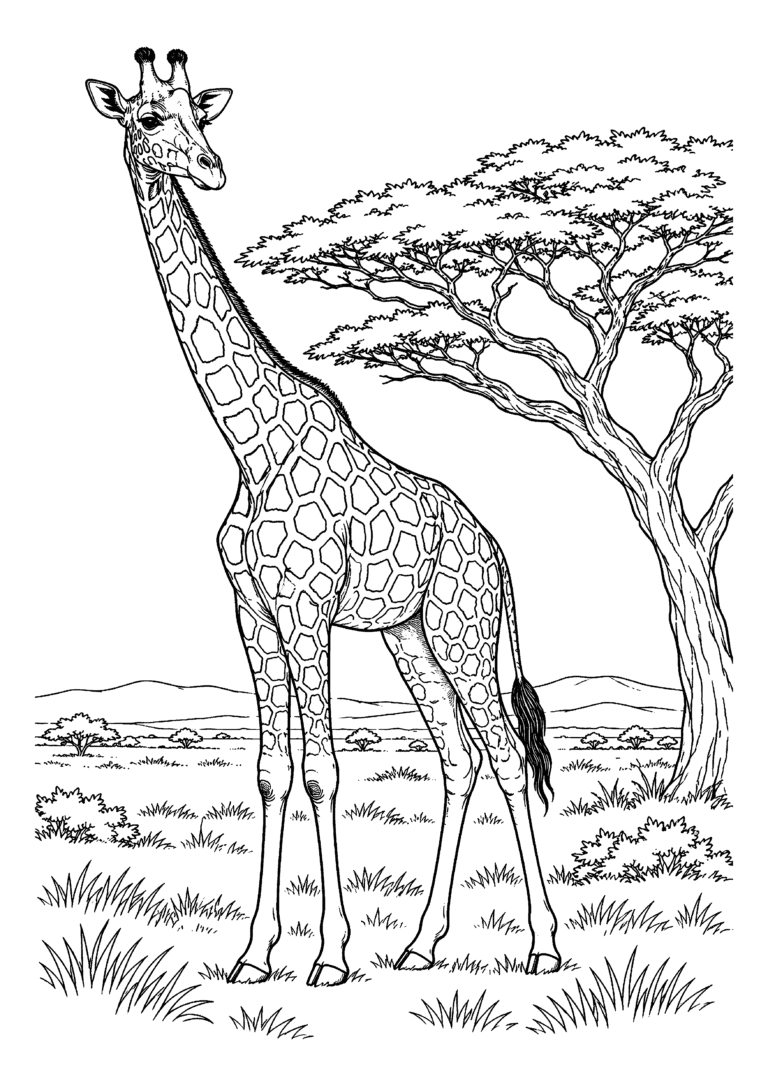 Black-and-white coloring page featuring a giraffe beside an acacia tree in the savanna.