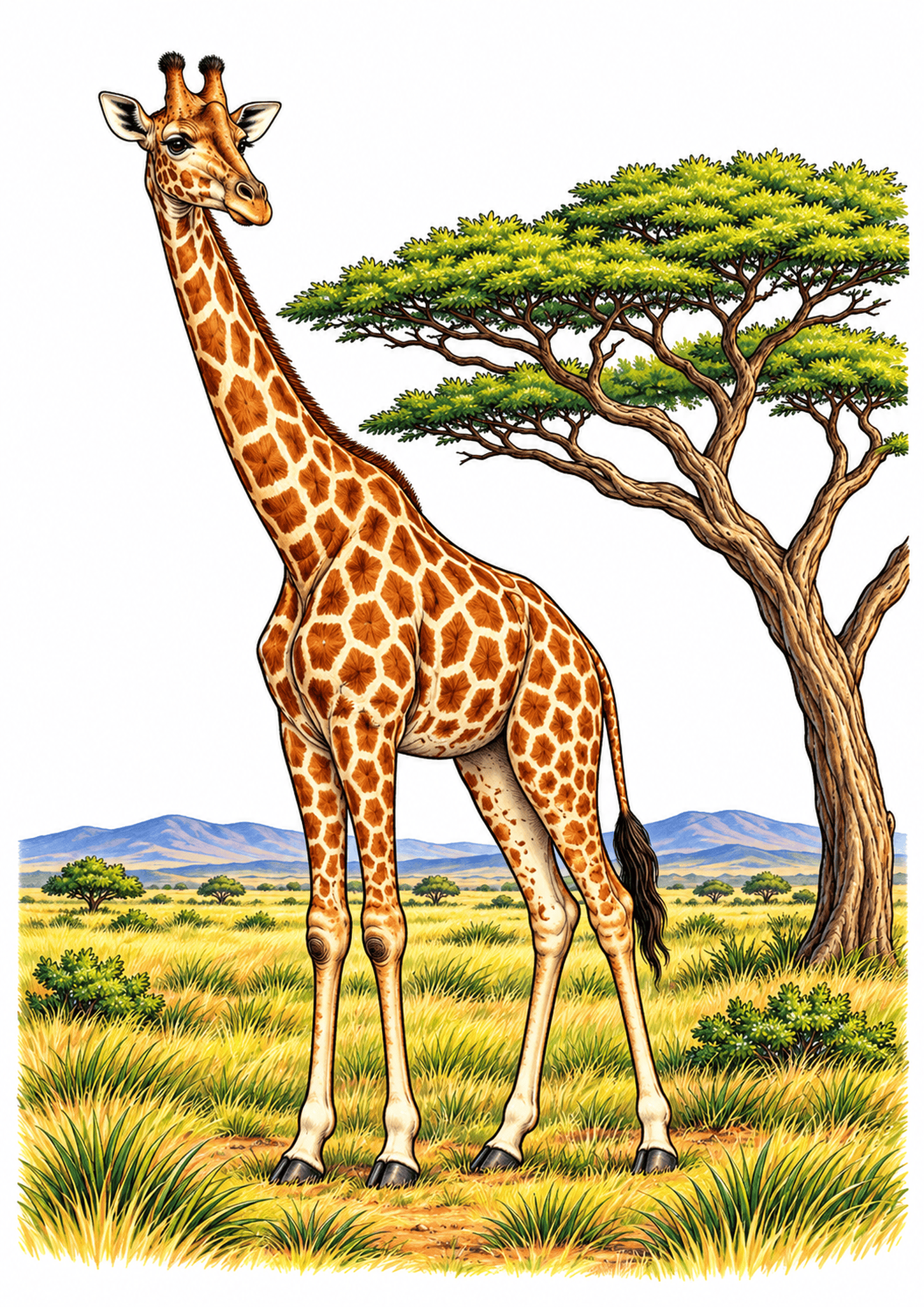 Giraffe standing in golden savanna grass beside a spreading acacia tree.