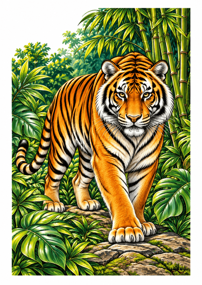 Orange and black tiger walking through a lush green jungle with bamboo and broad leaves.