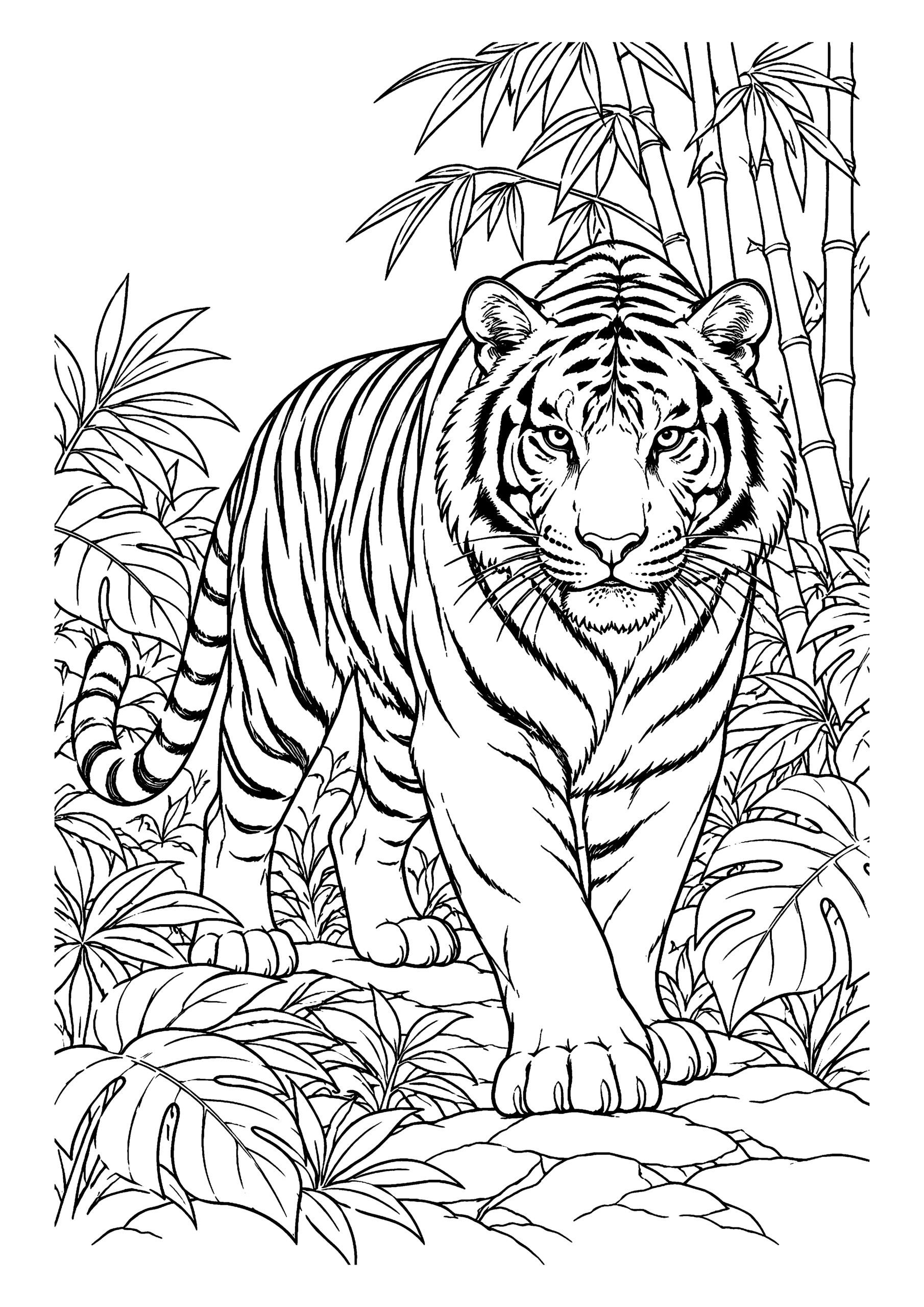 Black-and-white coloring page featuring a tiger surrounded by jungle foliage and bamboo.