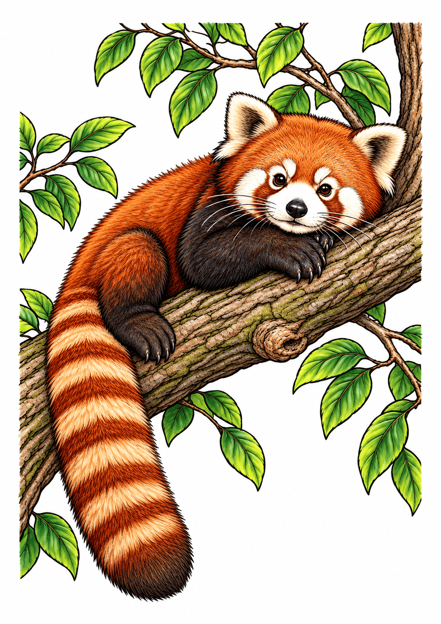 Red panda resting on a tree branch among bright green leaves, its striped tail hanging down.