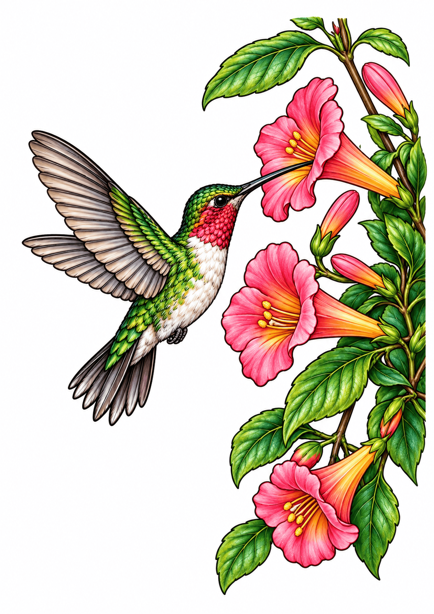 Green hummingbird hovering at pink trumpet flowers with its beak inside a blossom.