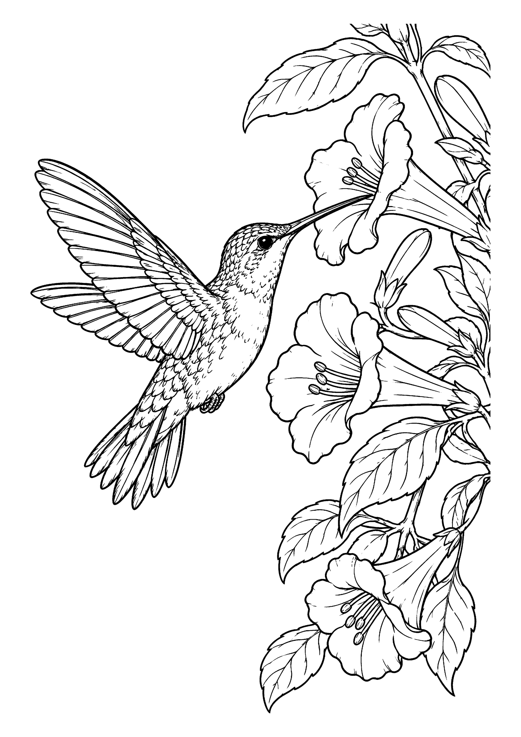 Black-and-white coloring page featuring a hummingbird hovering beside several flowers.