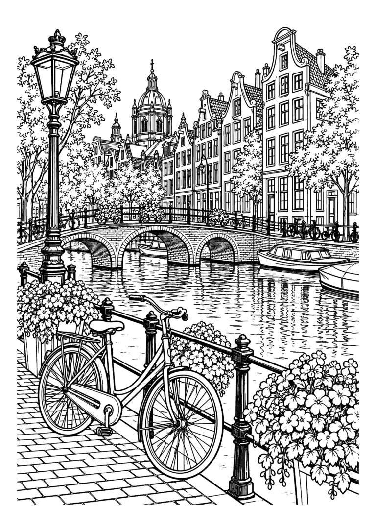 Black-and-white coloring page of an Amsterdam canal with an arched bridge, bicycles and gabled townhouses.
