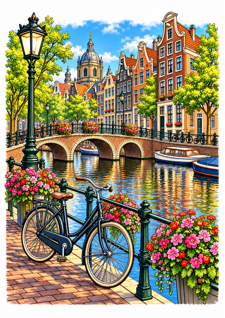 Amsterdam canal with a bicycle, flower planters, arched bridge, boats, and gabled houses in morning light.