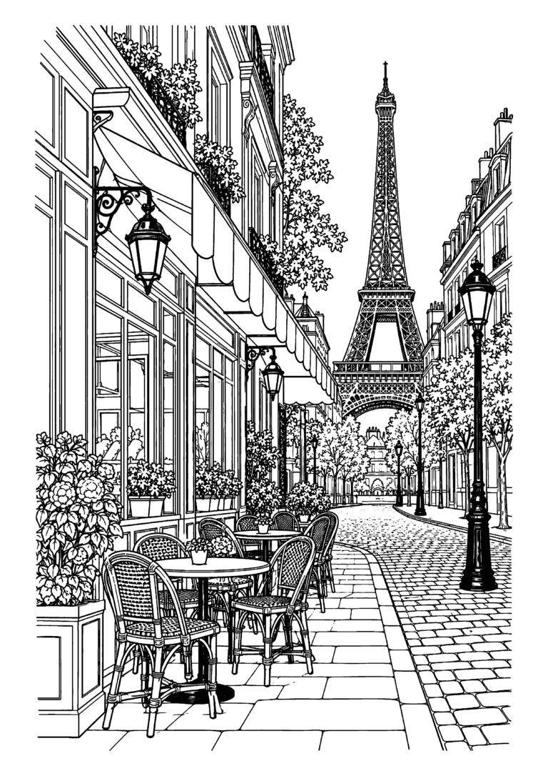 Black-and-white coloring page featuring a Parisian café terrace with the Eiffel Tower in the distance.