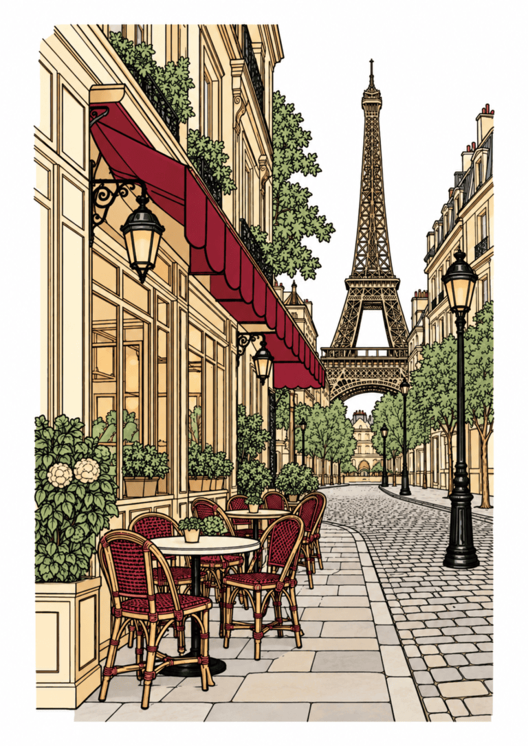 Paris café tables beneath a red awning on a cobblestone street, with the Eiffel Tower in the distance.