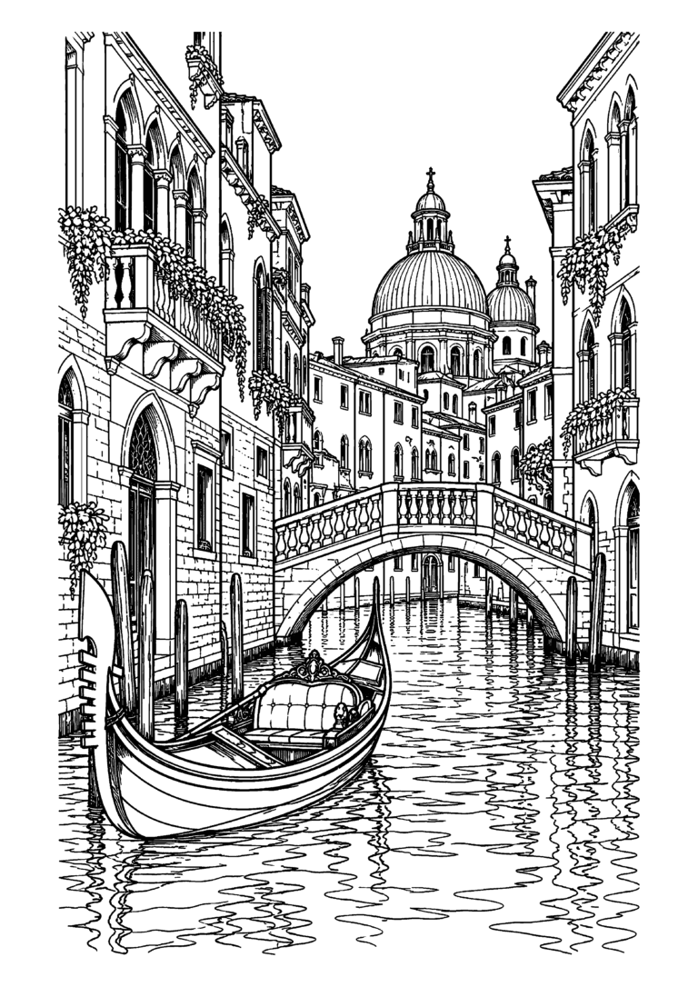 Black-and-white coloring page featuring a gondola on a Venetian canal beneath a bridge and historic buildings.