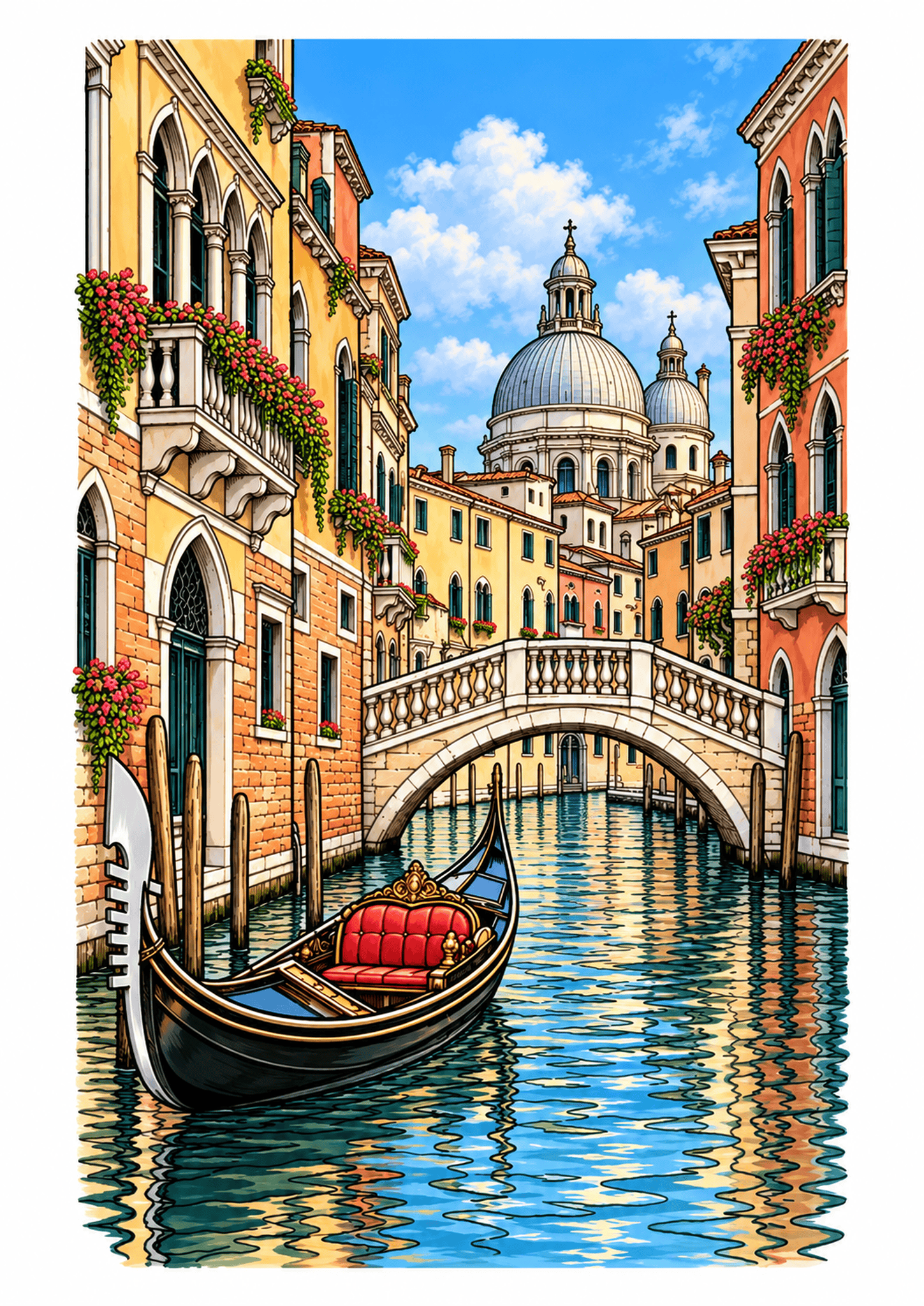 Venice canal with a black gondola, stone bridge, flowered balconies, and domed buildings.