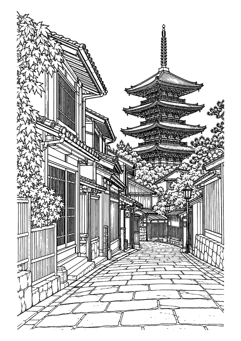 Black-and-white coloring page featuring a traditional Kyoto street with wooden buildings and a pagoda.
