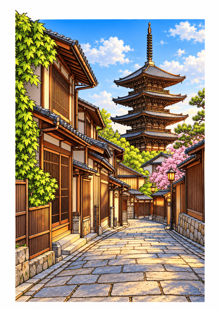 Sunlit Kyoto street lined with traditional wooden houses, cherry blossoms, and a pagoda.