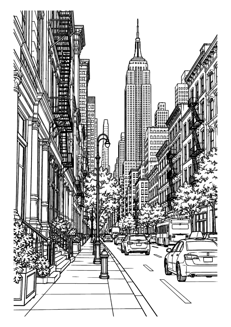 Black-and-white coloring page of a New York street framed by tall buildings and the Empire State Building in the distance.