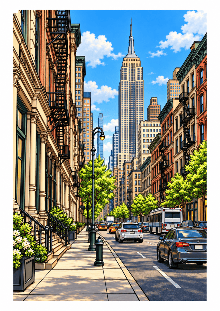 New York street scene with traffic and trees beneath the Empire State Building.