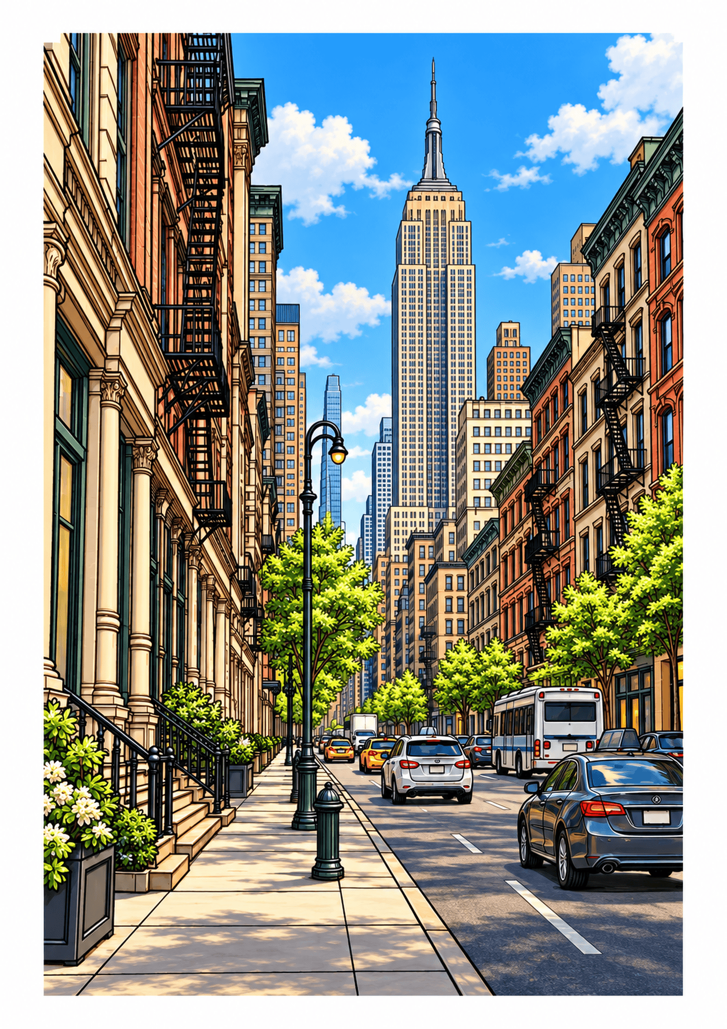 New York street scene with traffic and trees beneath the Empire State Building.