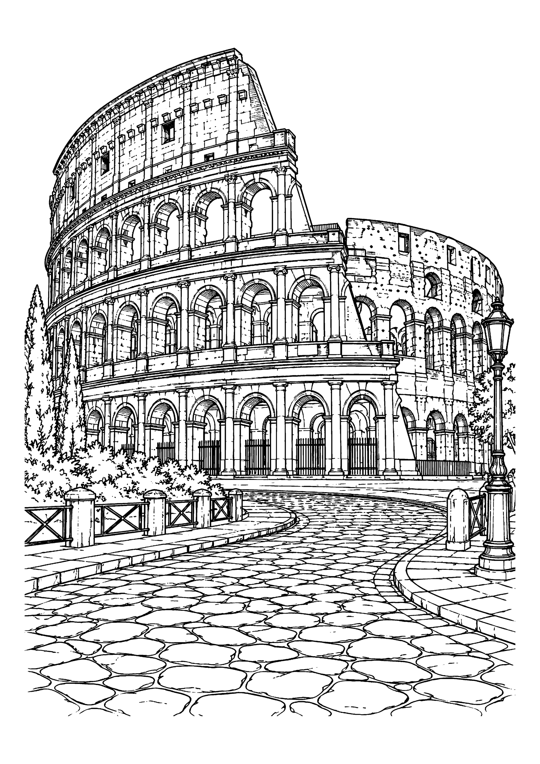 Black-and-white coloring page featuring the Colosseum with Roman street details and classical architecture.