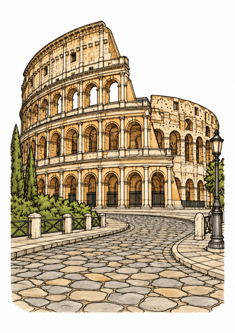Warm stone arches of the Roman Colosseum beside a curved cobblestone street.