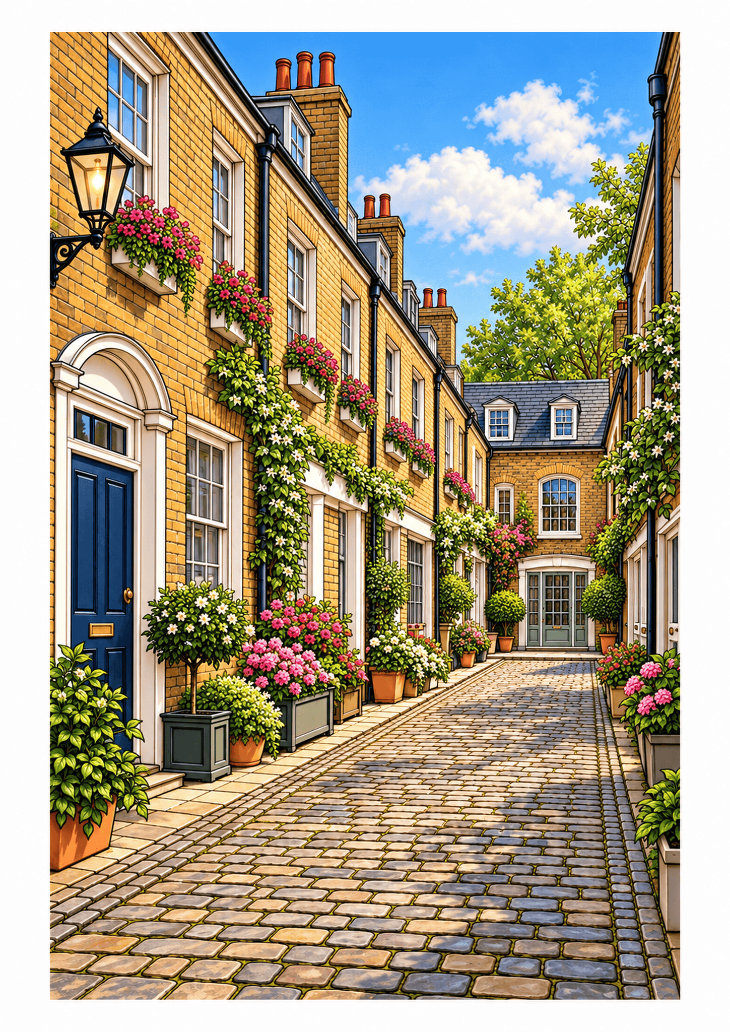 Quiet London mews with cobblestones, yellow brick houses, blue doors, and flowering planters.