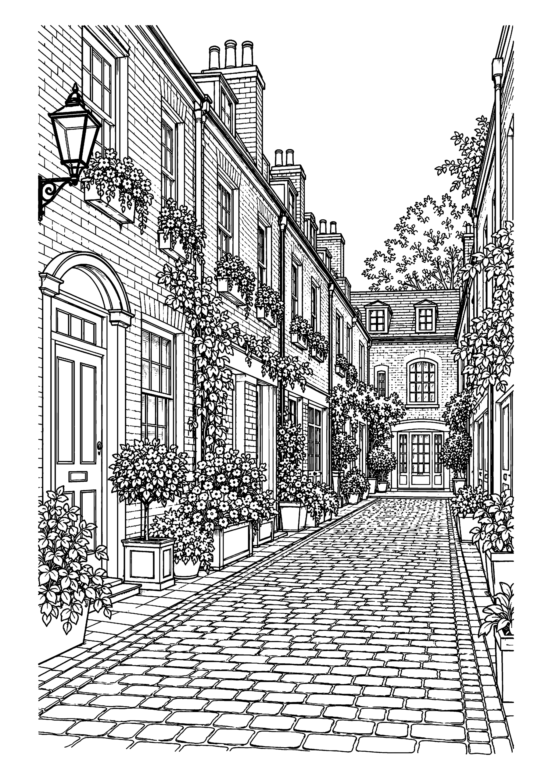 Black-and-white coloring page featuring a charming London mews with brick houses and flower planters.