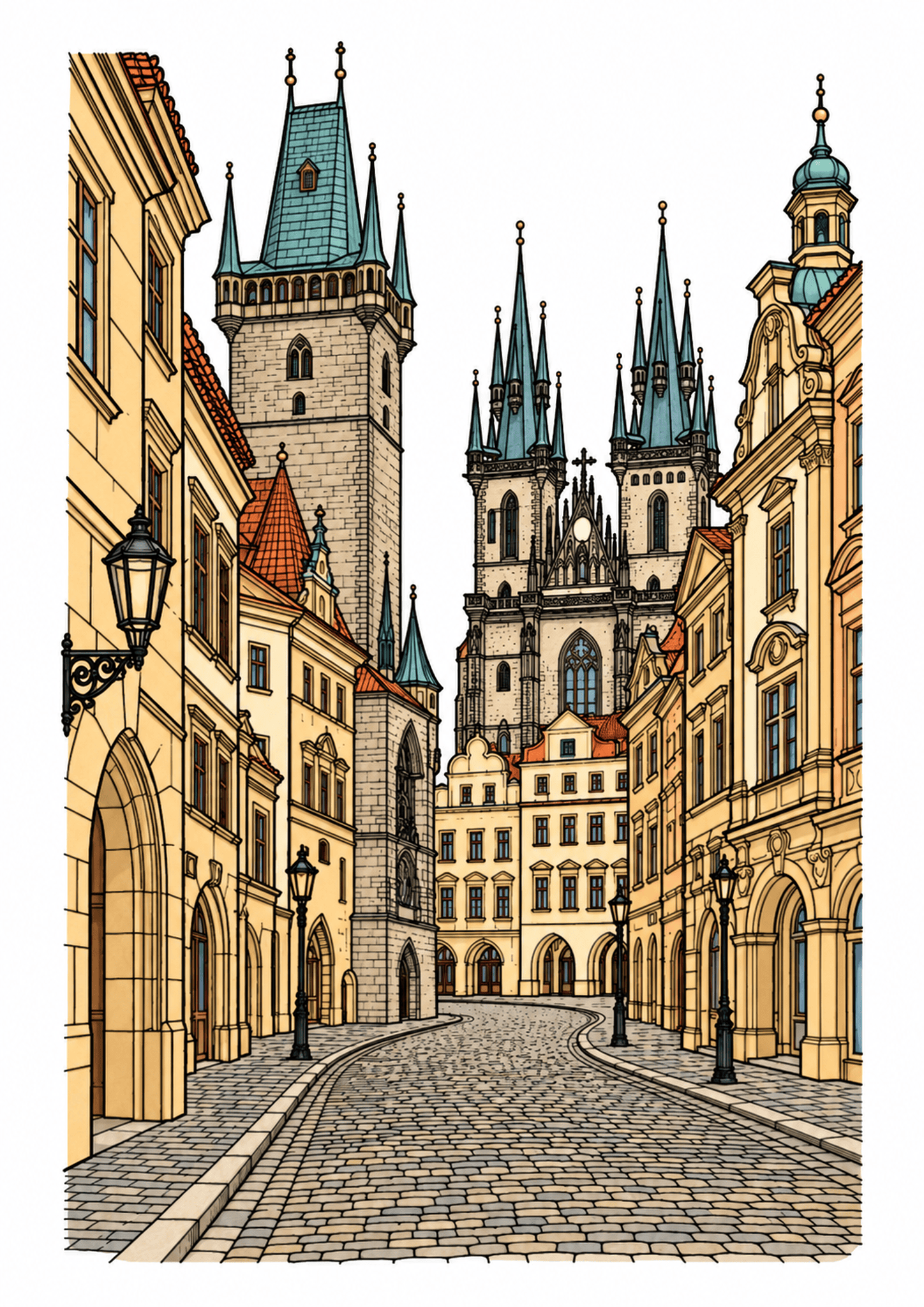 Cobblestone street framed by historic Prague buildings and Gothic towers.