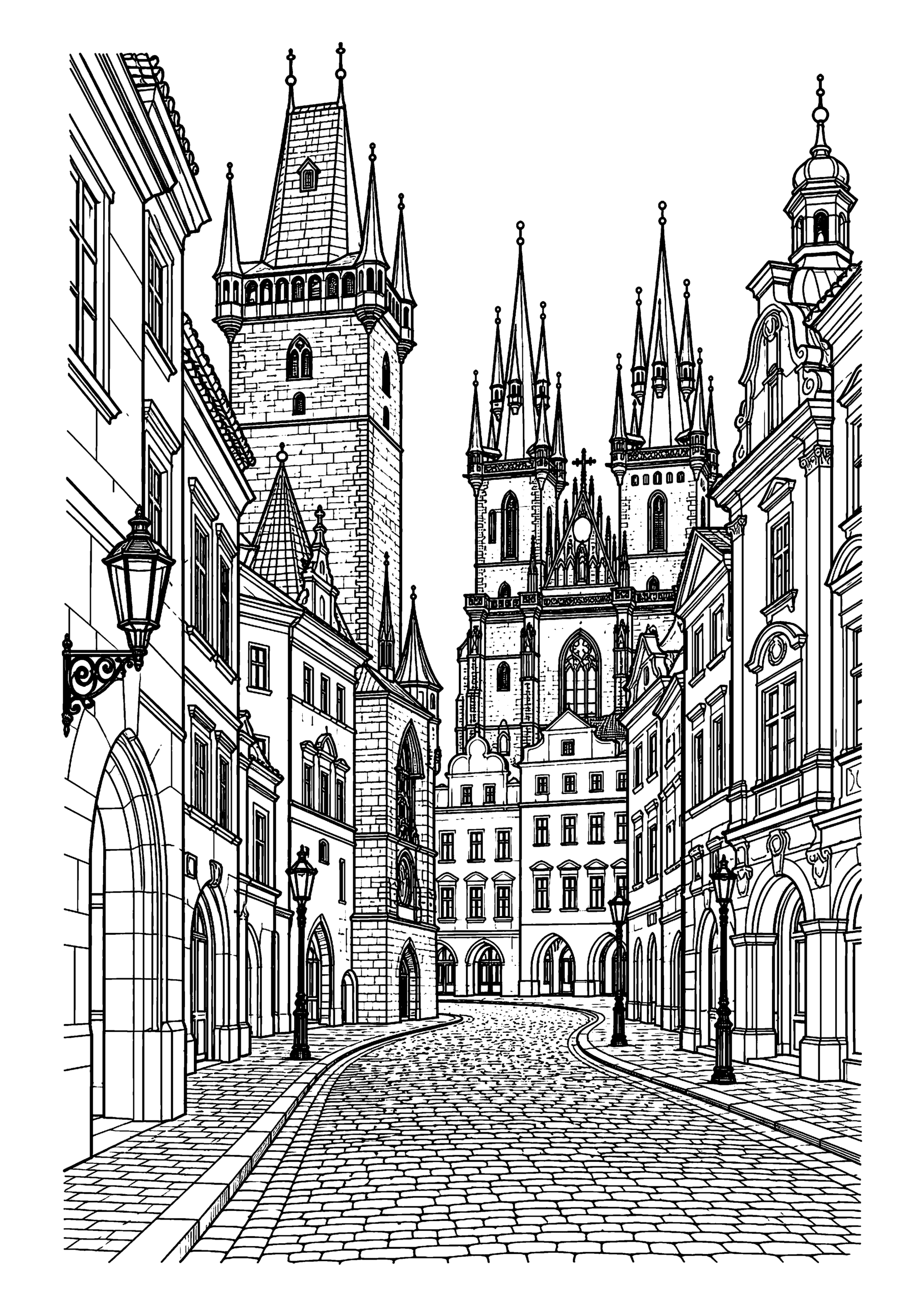 Black-and-white coloring page featuring an old Prague street with towers and historic facades.