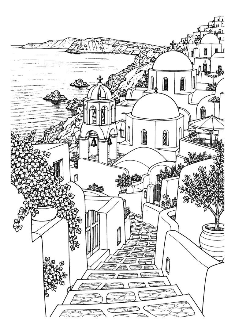 Black-and-white coloring page of whitewashed Santorini houses with domed roofs, a stairway and a view of the sea.