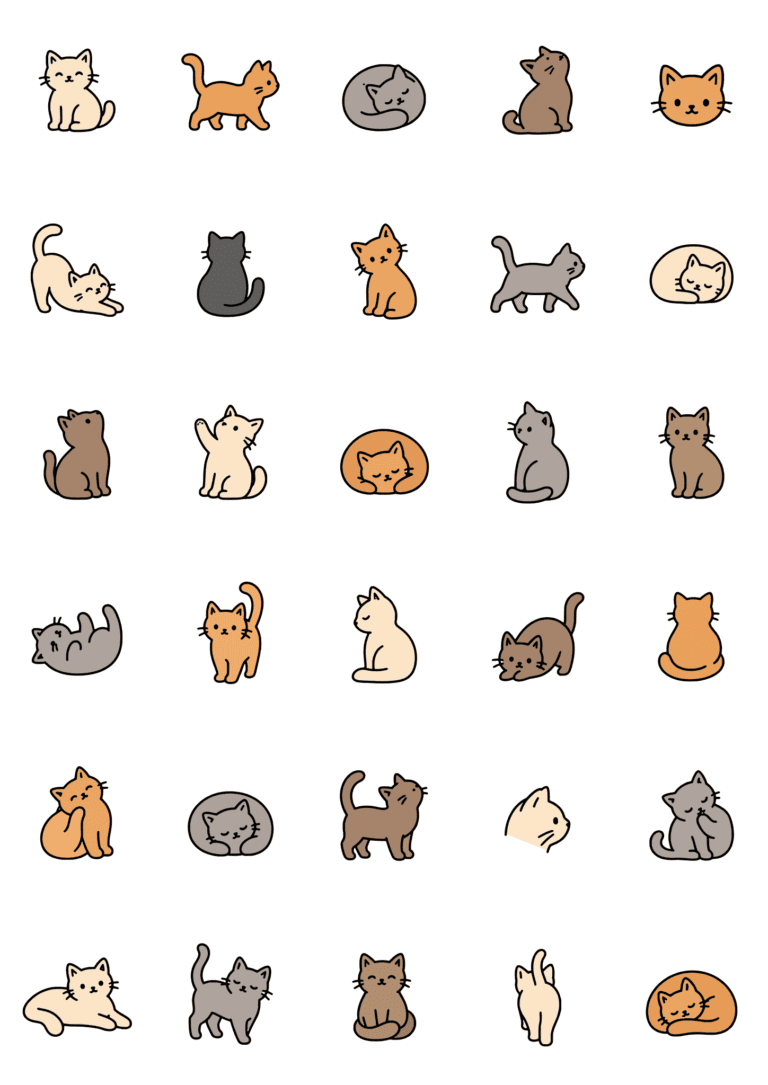 Colored example of the cat tiny tattoo sheet, with 30 motifs in six rows and a palette of charcoal, cream.