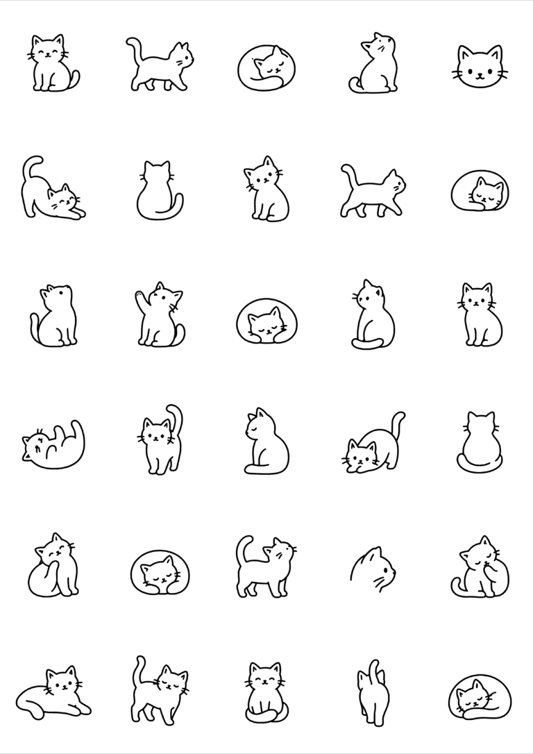 Black-and-white coloring and tiny tattoo sheet with 30 separate designs: small cats sitting, stretching, sleeping and curled into round shapes.