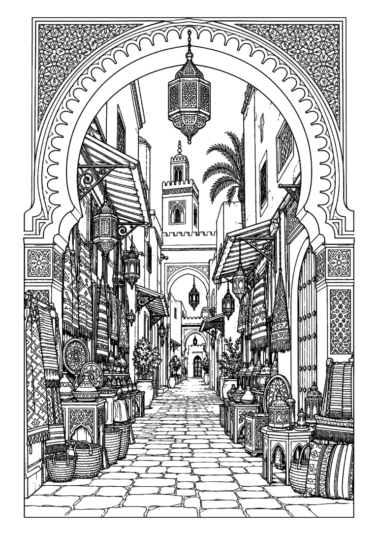 Black-and-white coloring page featuring a narrow Marrakech market alley with arches and lanterns.