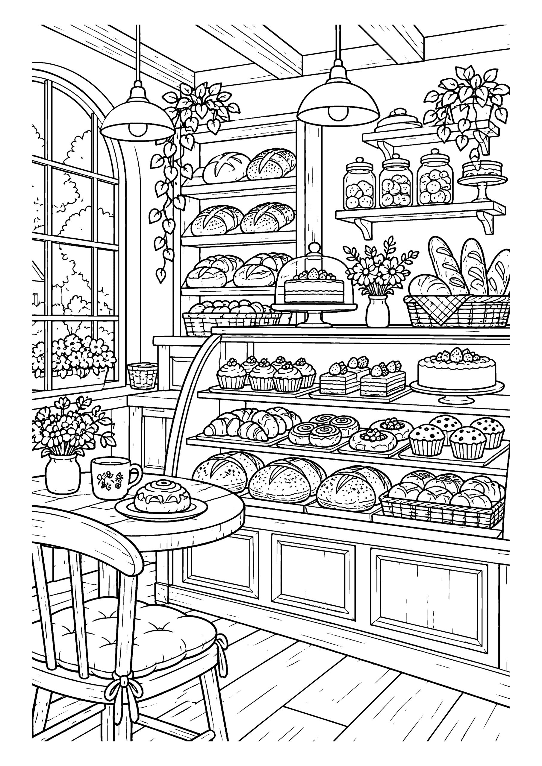 Black-and-white coloring page featuring a cozy bakery counter with breads, cakes and shop details.