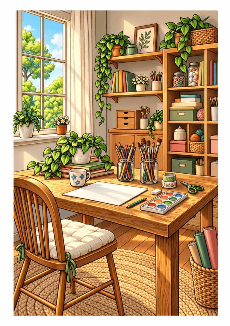 Bright craft studio with a wooden worktable, pencils, paints, scissors, shelves, and plants.