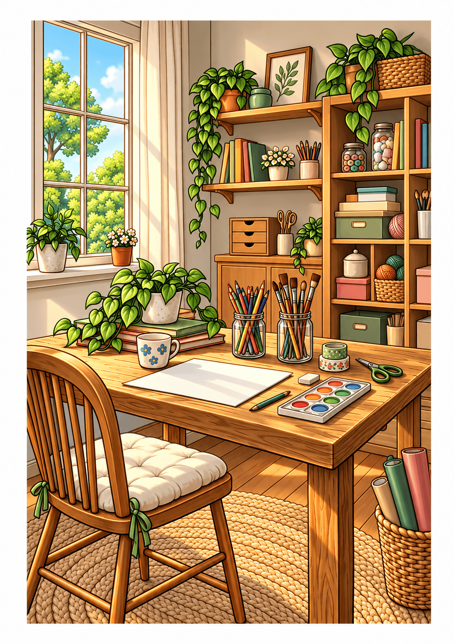 Bright craft studio with a wooden worktable, pencils, paints, scissors, shelves, and plants.