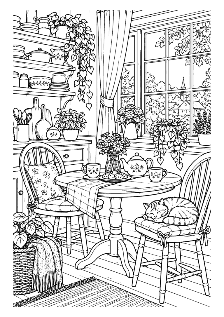 Black-and-white coloring page featuring a kitchen corner with cups, shelves and plants by a window.