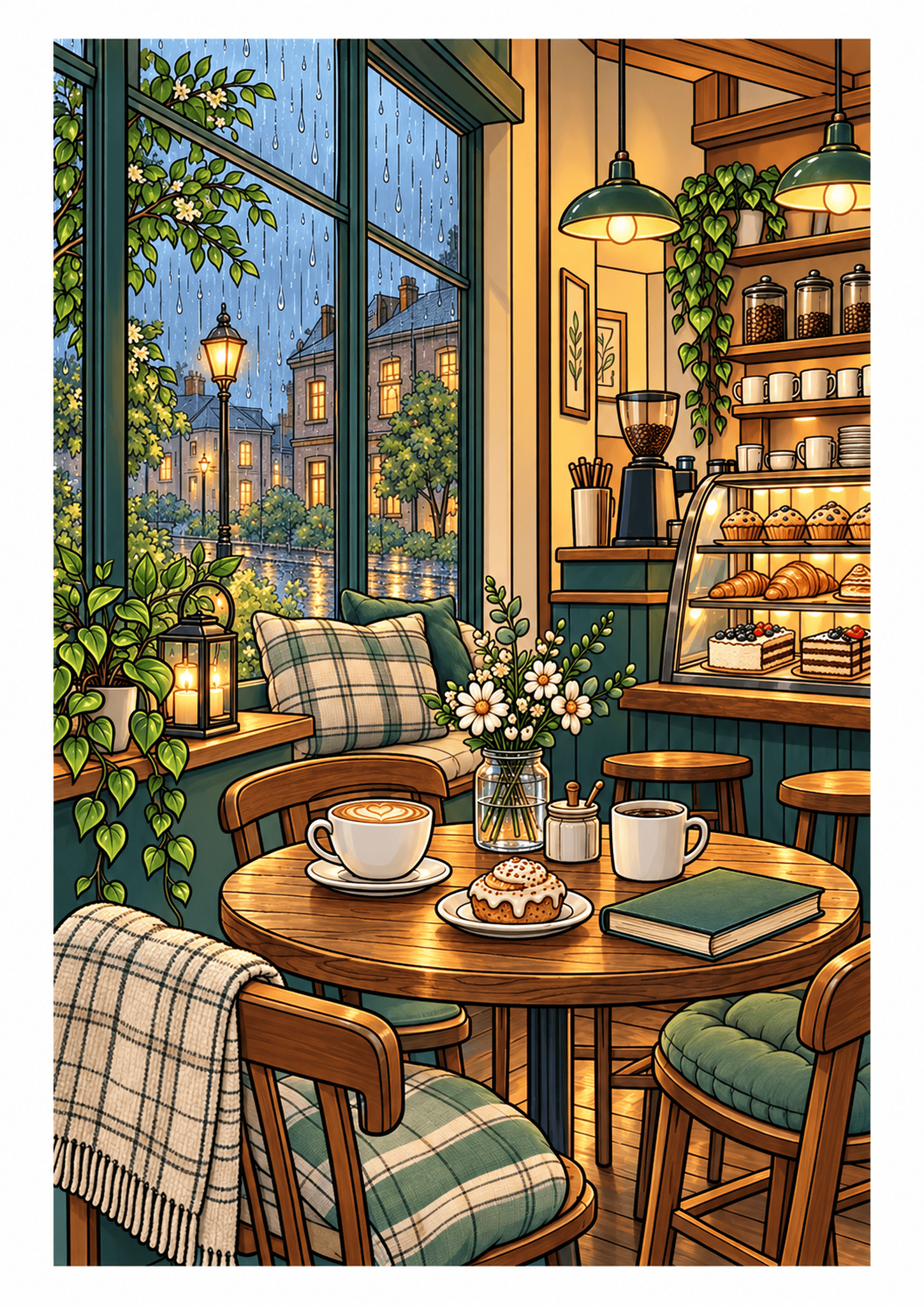 Cozy coffee shop on a rainy day, with drinks and pastry on a table beside a window.