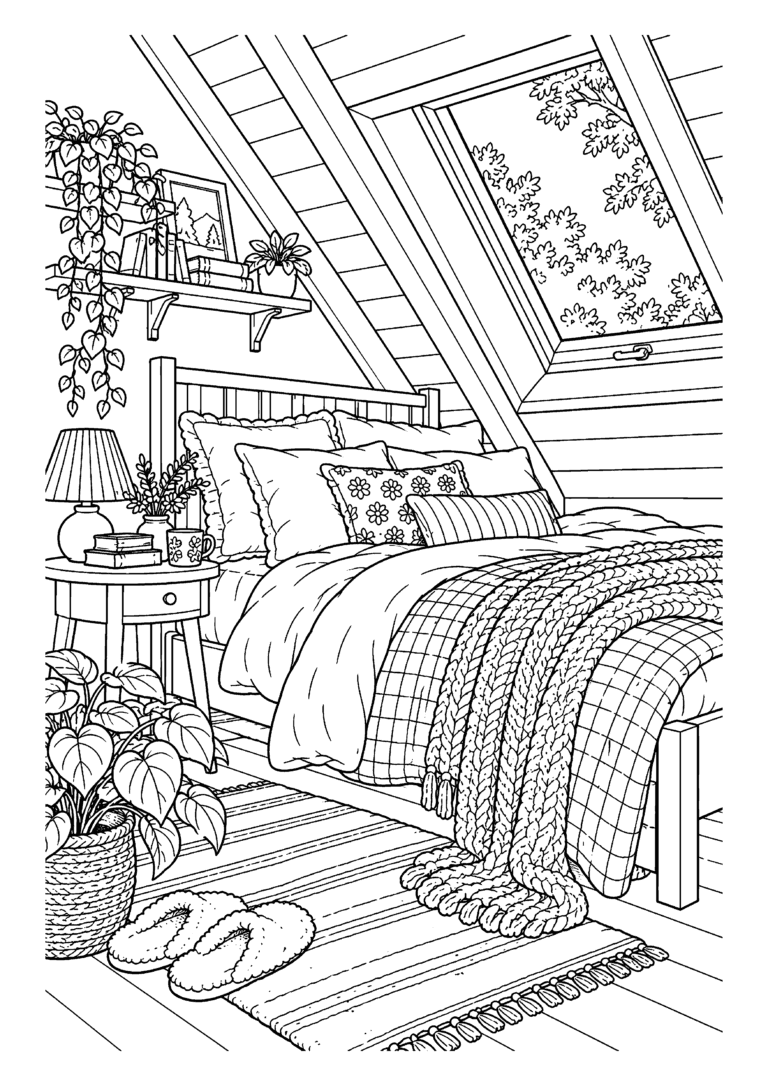 Black-and-white coloring page featuring a cozy attic bedroom with a bed, pillows and skylight.
