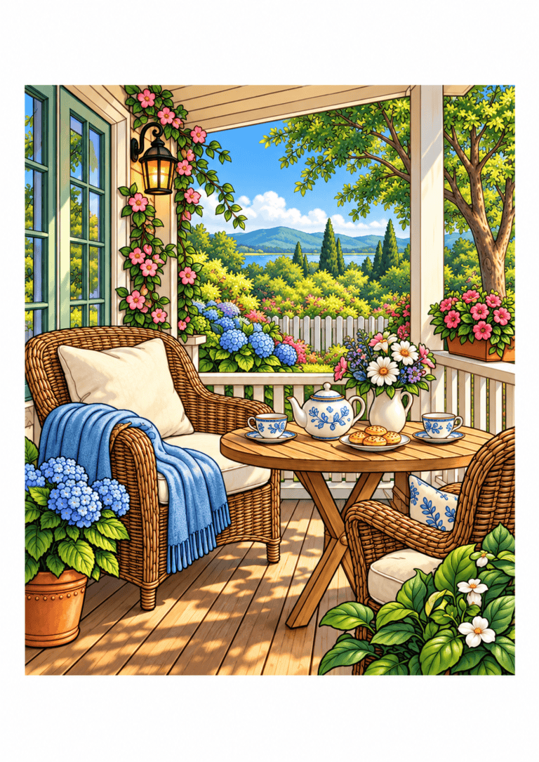 Garden veranda with wicker chairs, tea set, blue hydrangeas, and a view of trees and distant hills.