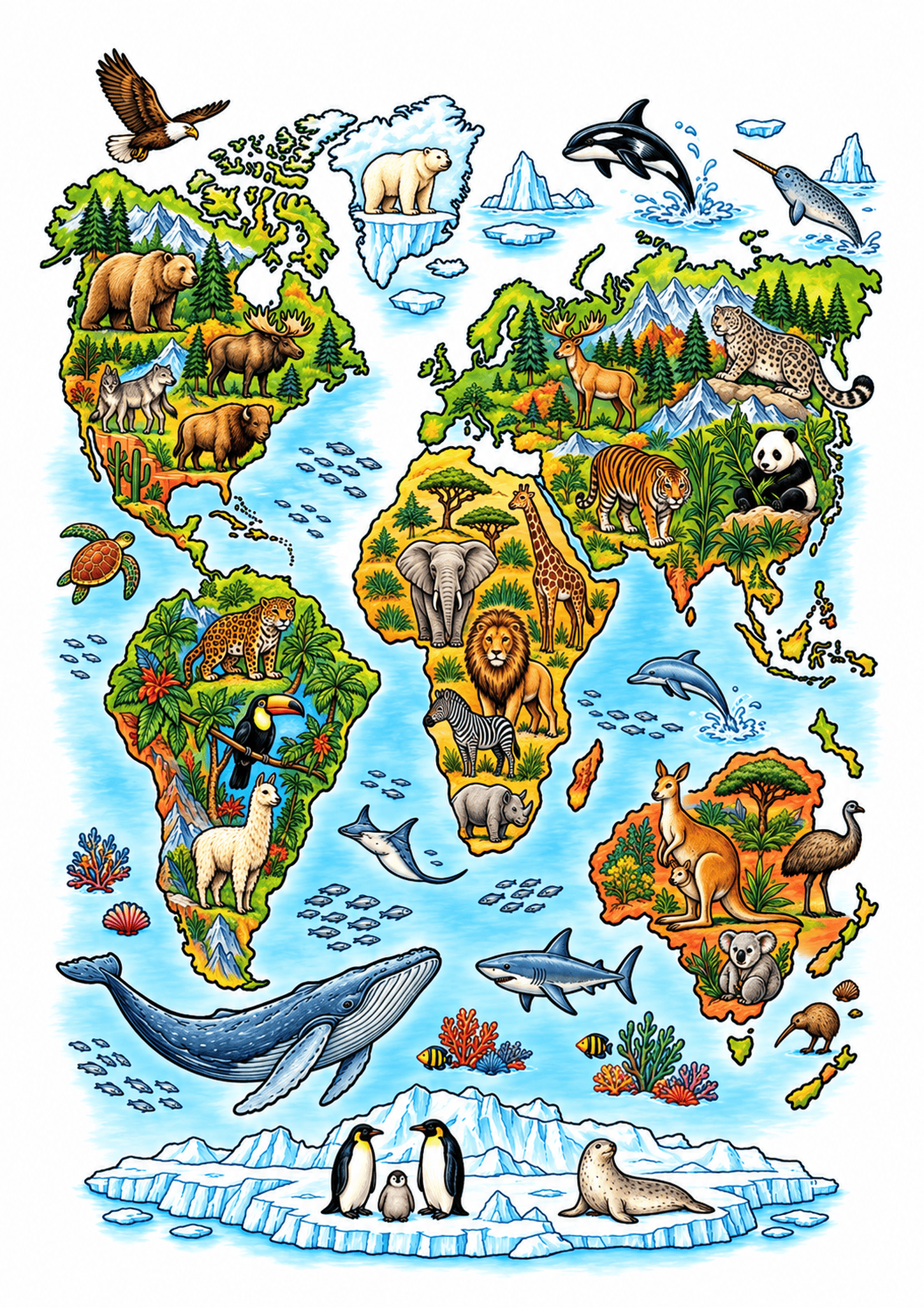 Illustrated world map with animals on each continent and marine life in the surrounding oceans.