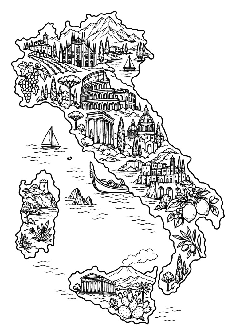 Black-and-white coloring page featuring a decorative map of Italy with landmark illustrations.